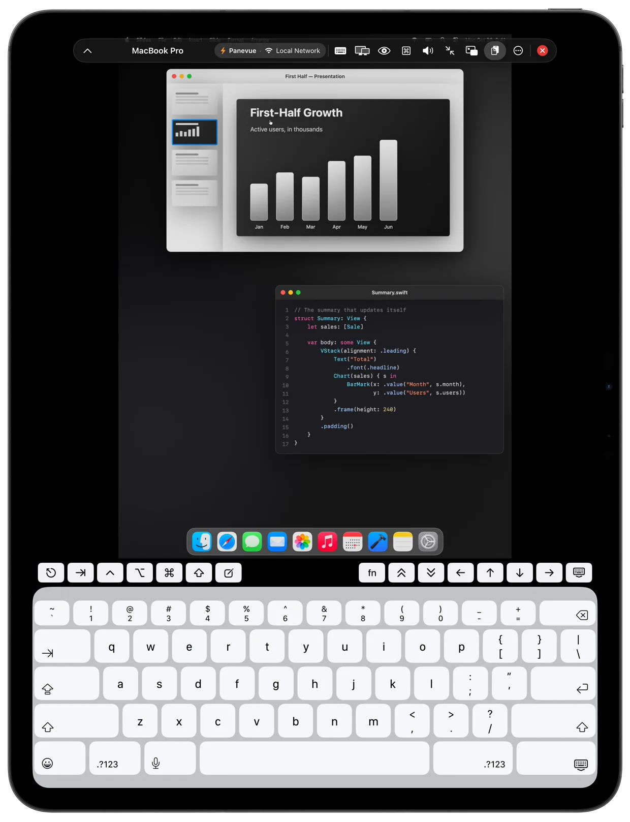 The on-screen keyboard with the bar of Mac keys