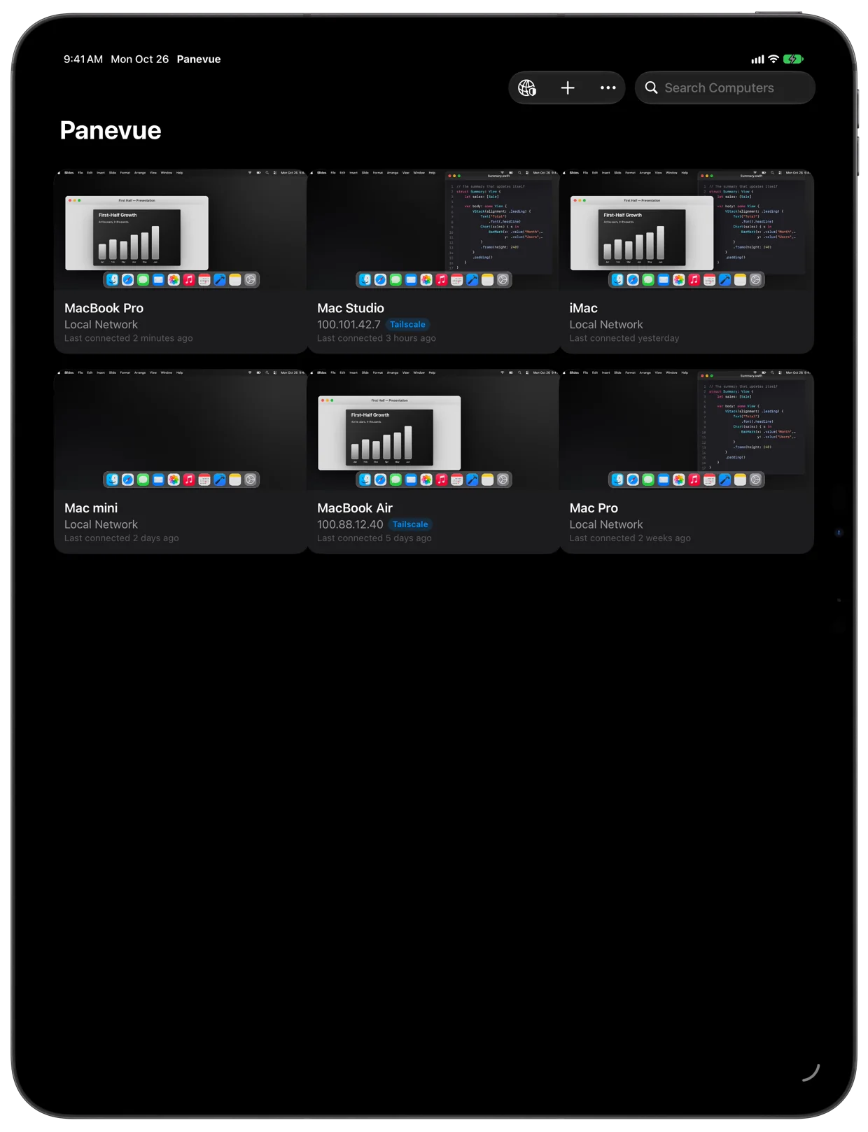 The list of Macs on iPad, with previews and Tailscale addresses