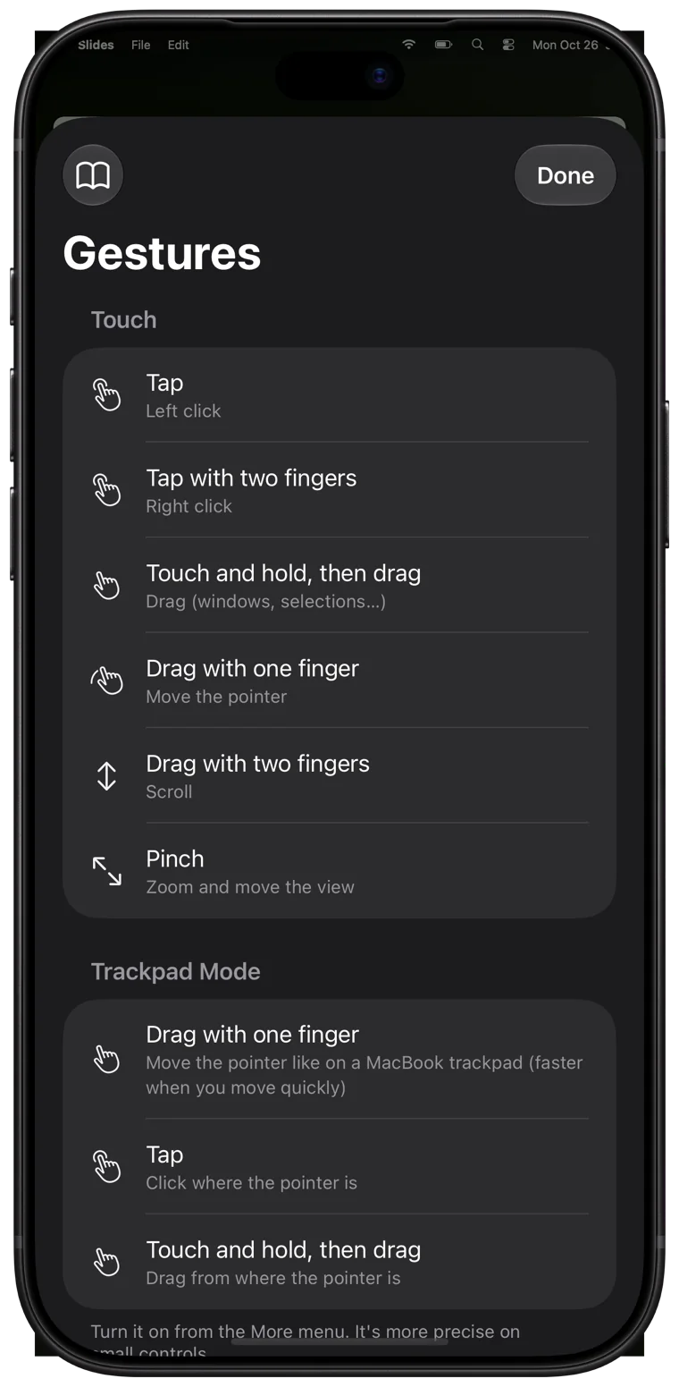 The list of gestures