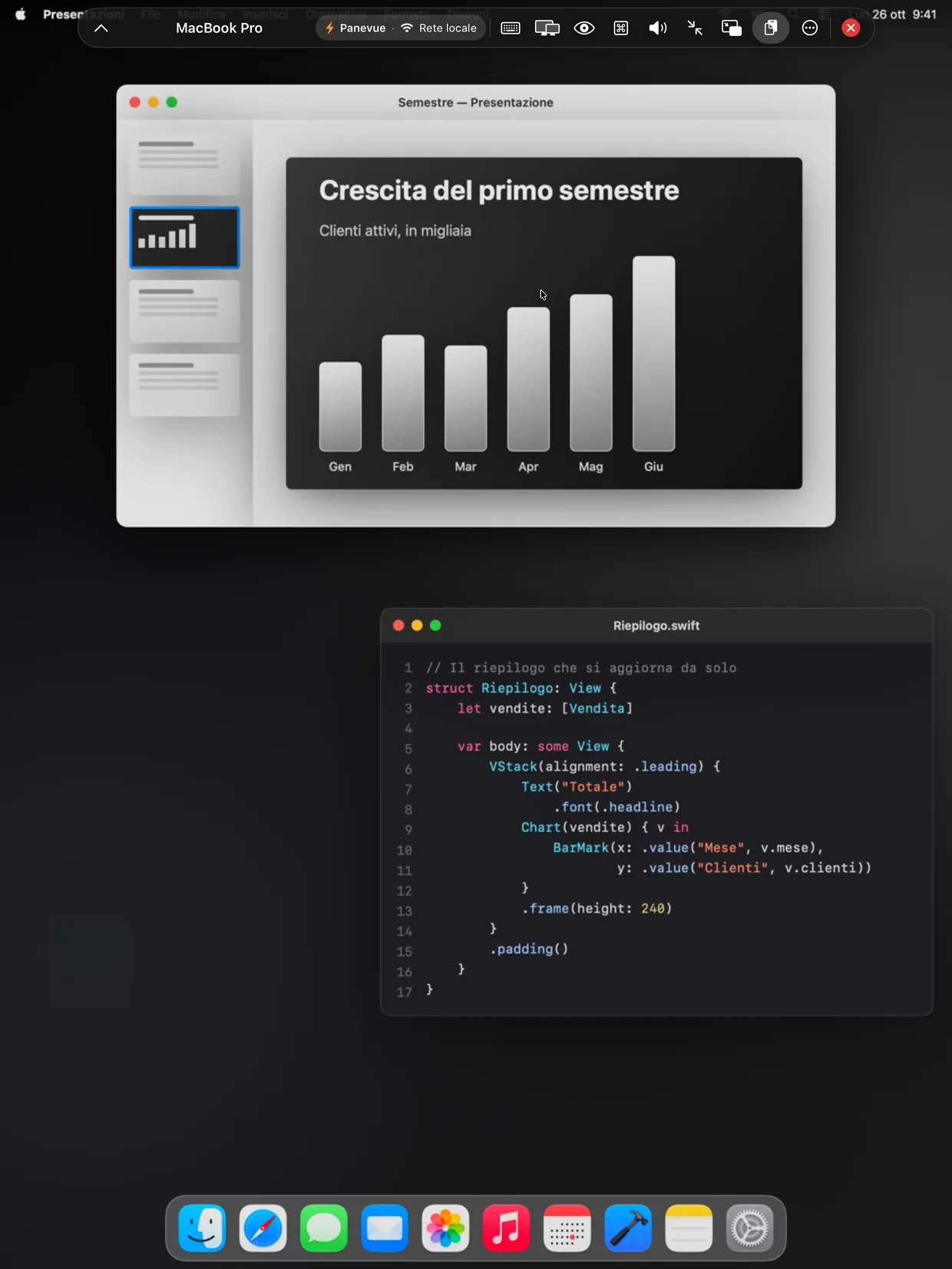 Panevue su iPad: la scrivania del Mac a tutto schermo, con una presentazione e un editor di codice