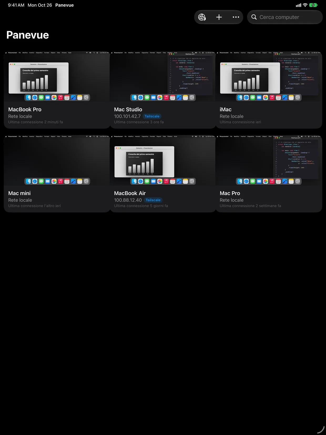 L'elenco dei Mac su iPad, con anteprime e indirizzi Tailscale